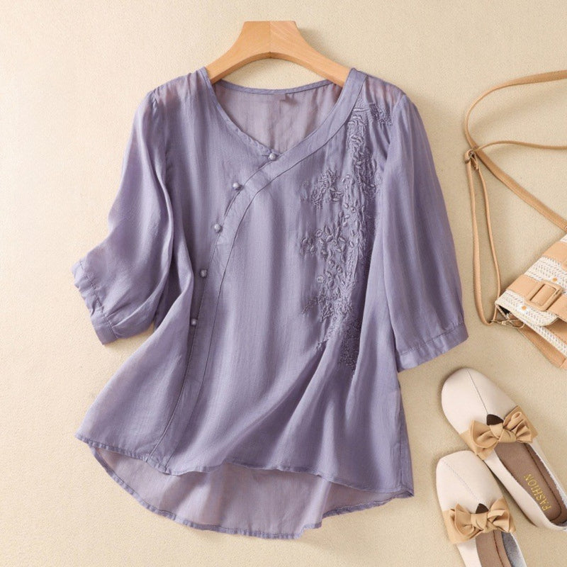 Embroidered V-Neck Blouse with Asymmetrical Buttons — Purple