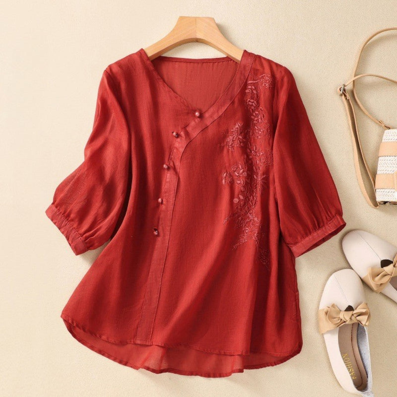 Embroidered V-Neck Blouse with Asymmetrical Buttons — Red