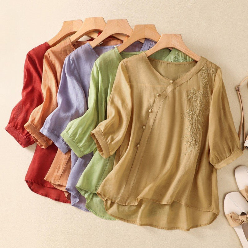 Embroidered V-Neck Blouse with Asymmetrical Buttons