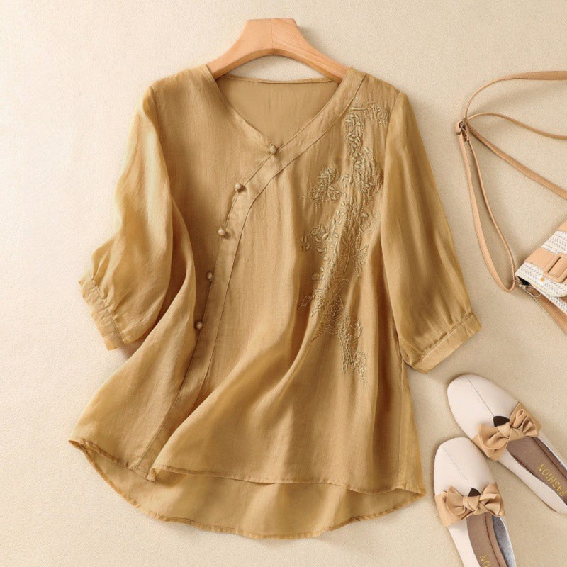 Embroidered V-Neck Blouse with Asymmetrical Buttons — Brown
