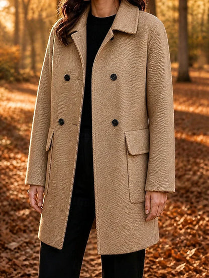 Women's Herringbone Double Breasted Long Coat — Beige