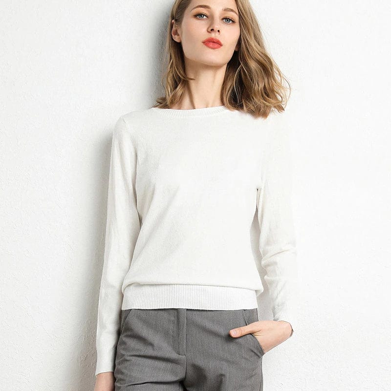 Classic Knit Jumper with Round Neckline — White