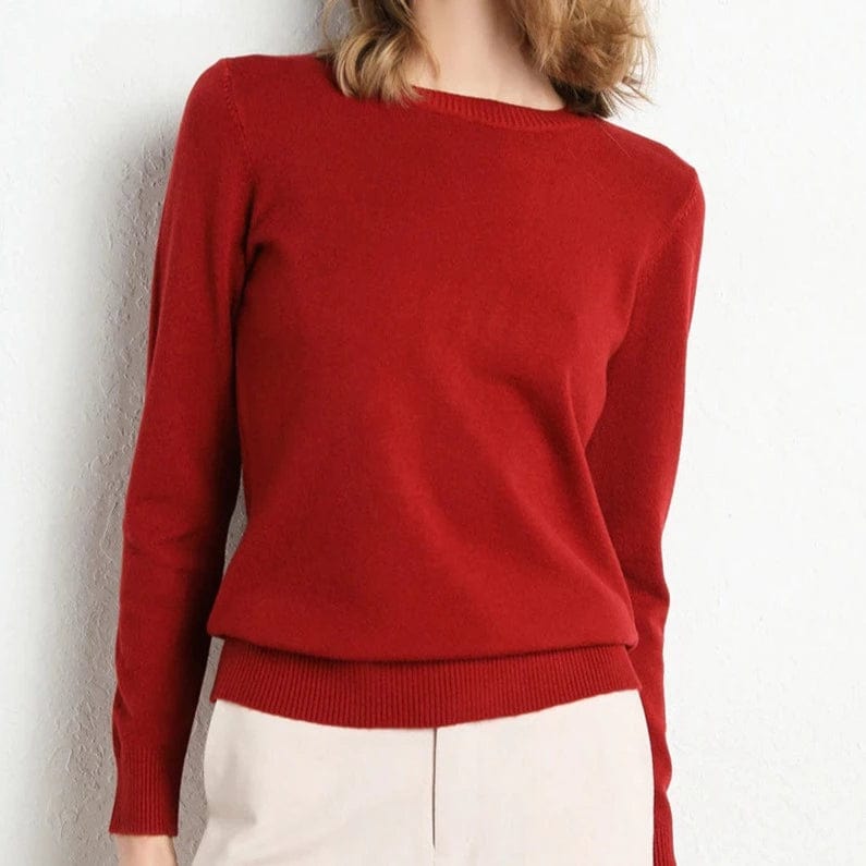 Classic Knit Jumper with Round Neckline — Dark Red