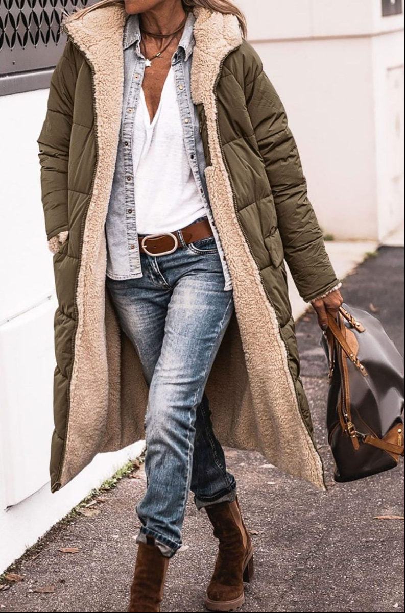 Reversible Puffer Coat with Cosy Hood — Military Green