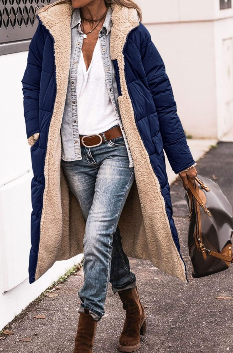 Reversible Puffer Coat with Cosy Hood — Navy