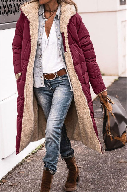 Reversible Puffer Coat with Cosy Hood — Burgundy