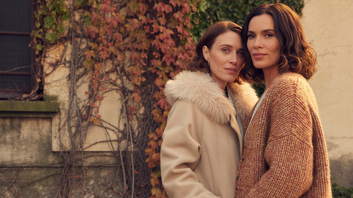 Two women in coat and knitwear against an autumn ivy wall