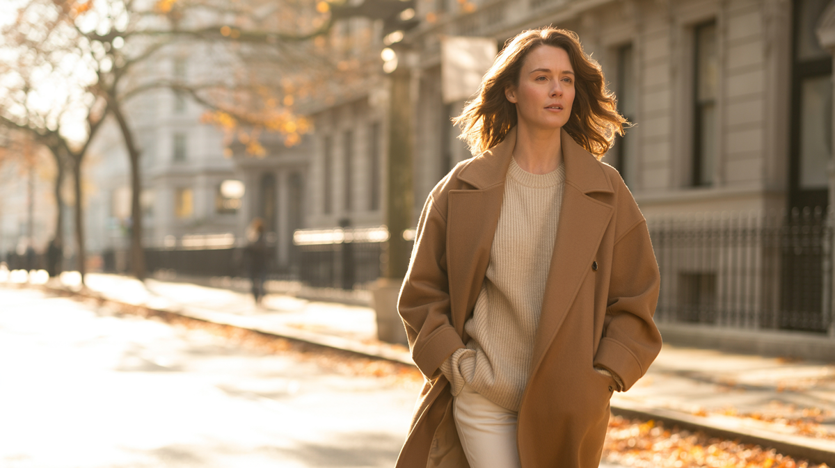 Woman in camel wool coat on an autumn city street