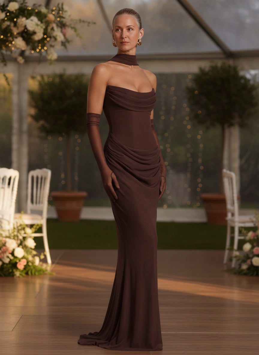 Choker Neck Draped Maxi Dress in Mariela Mocha