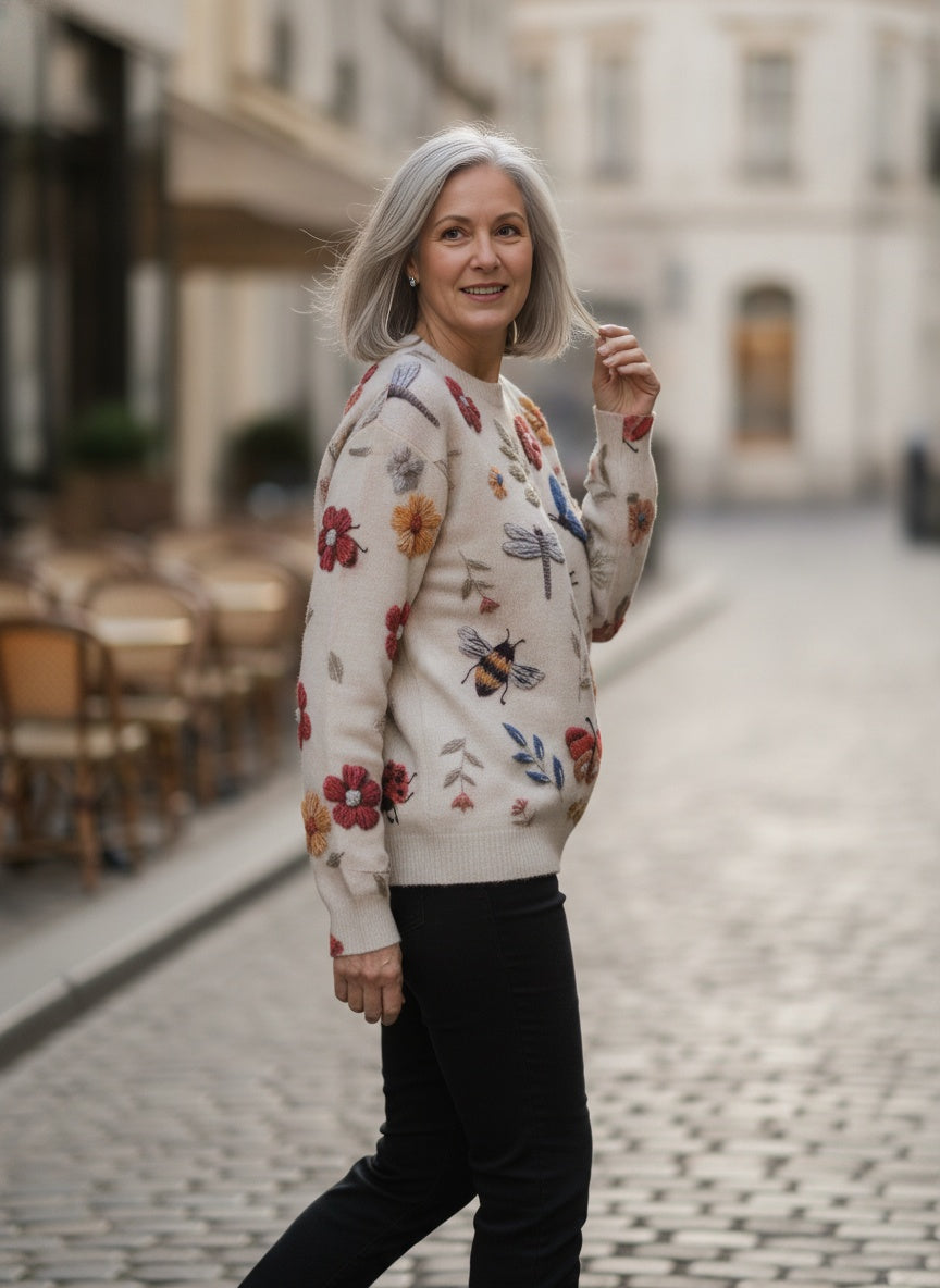 Comfortable Floral Knit Jumper with 3D Detail