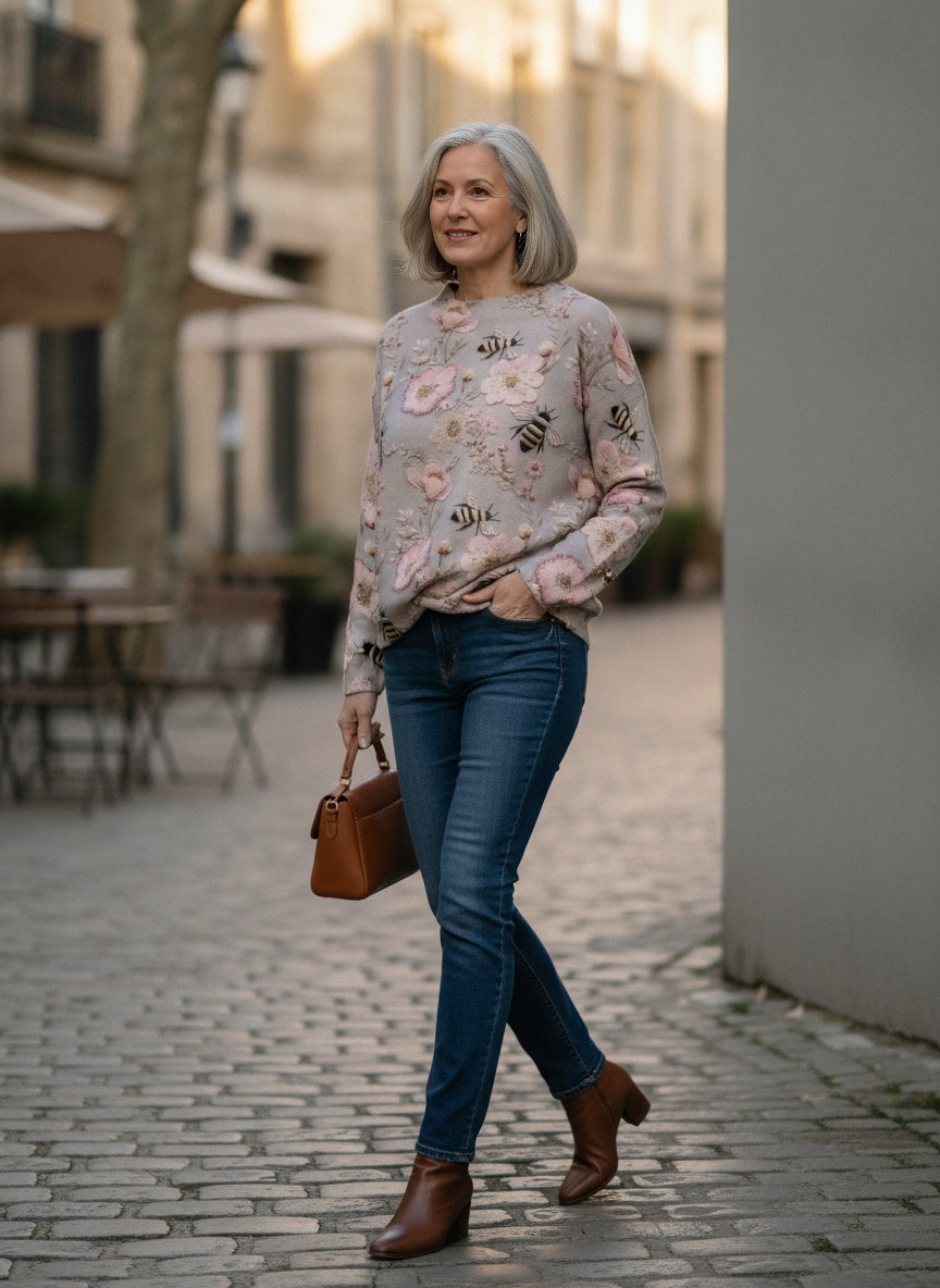 Comfortable Floral Knit Jumper with 3D Detail