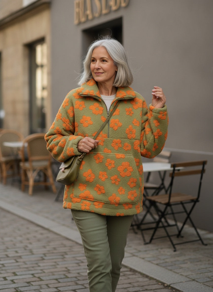 Green Floral Half-Zip Jumper – Relaxed Fit Knitwear