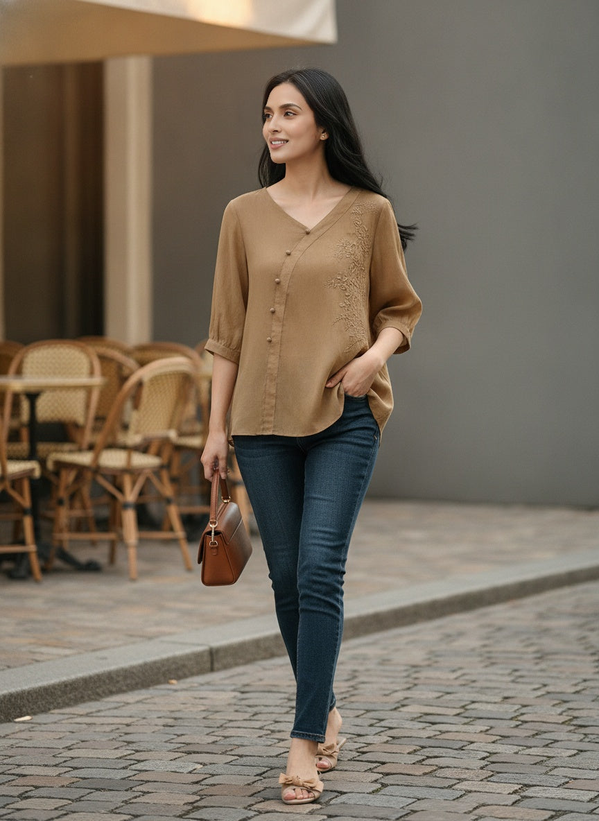 Embroidered V-Neck Blouse with Asymmetrical Buttons
