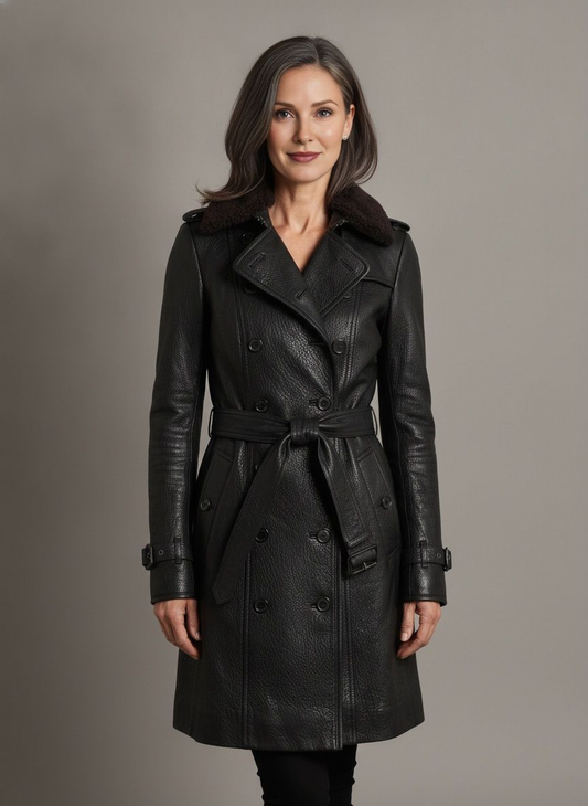 Longline Leather-Look Trench Coat with Detachable Collar