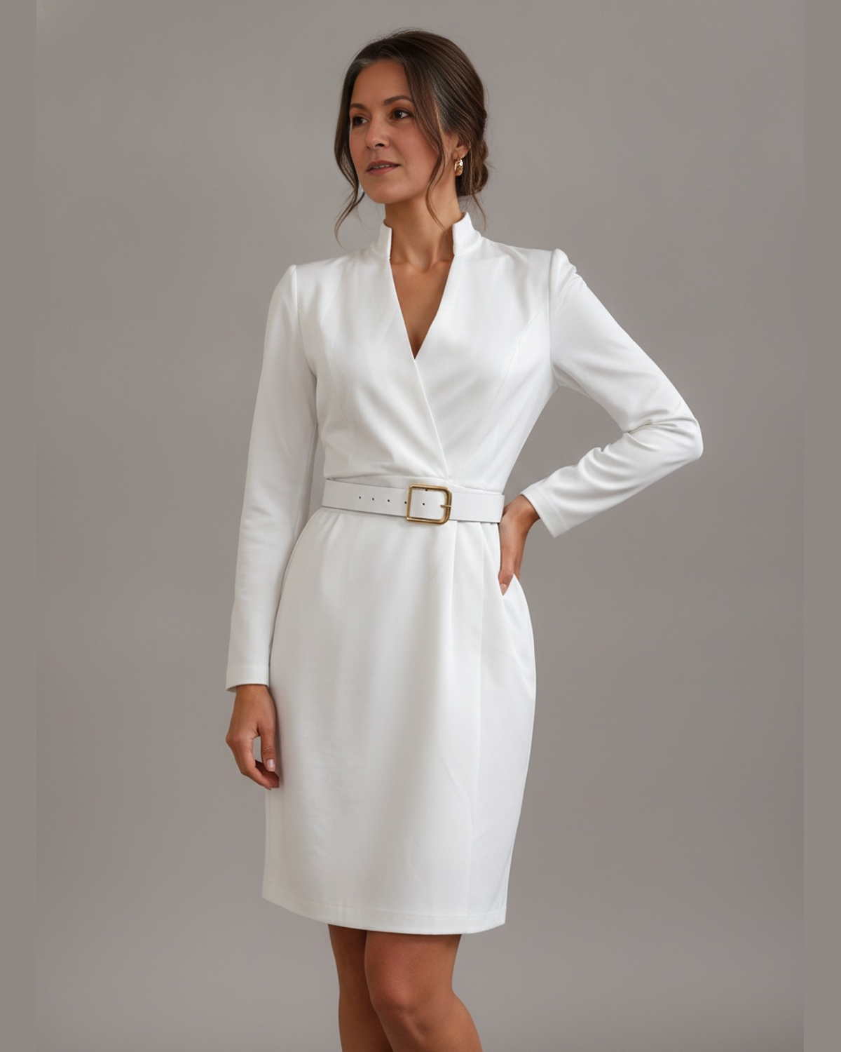 White V-Neck Belted Midi Dress Coat