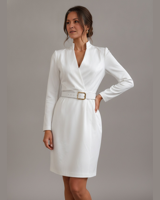 White V-Neck Belted Midi Dress Coat