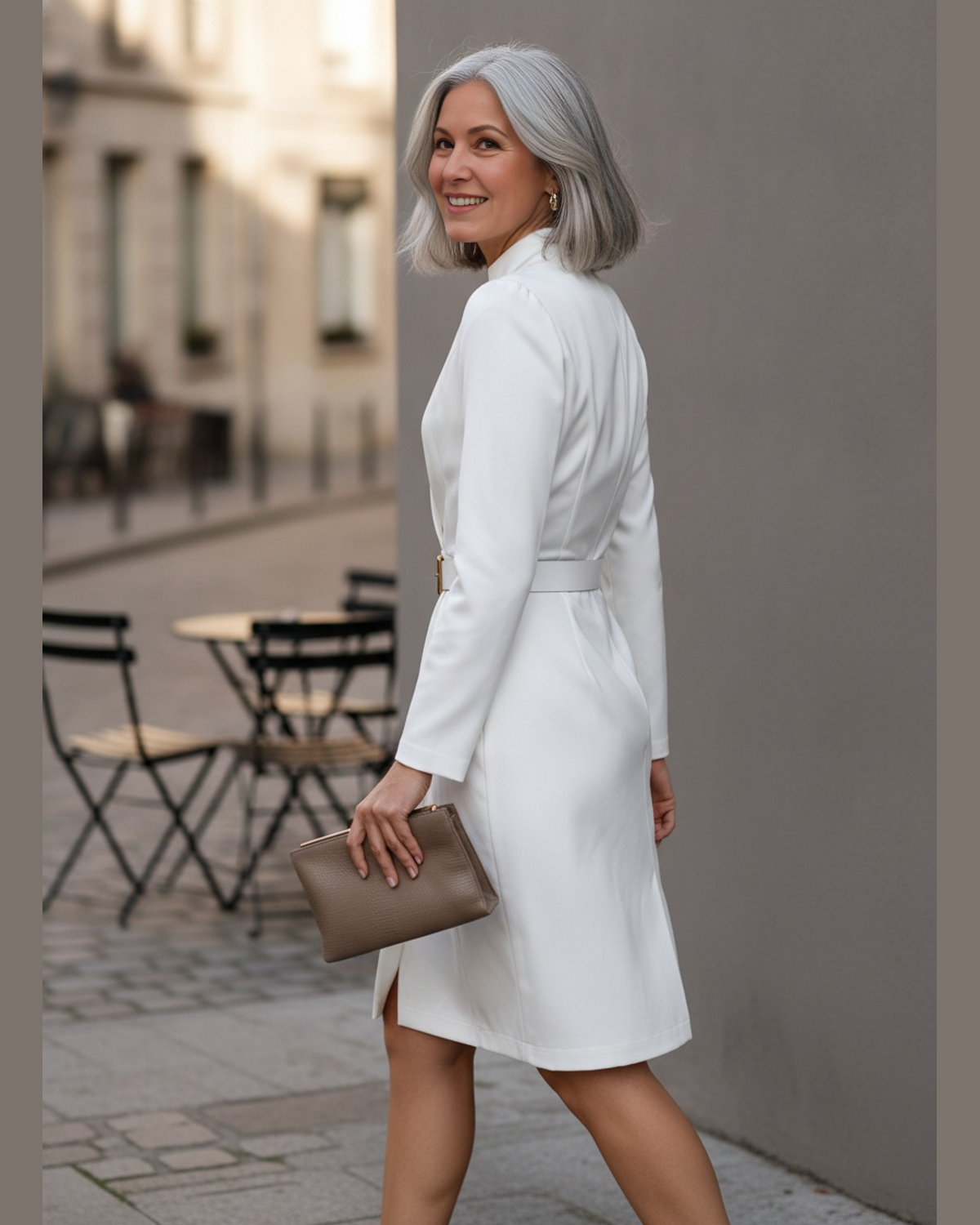 White V-Neck Belted Midi Dress Coat