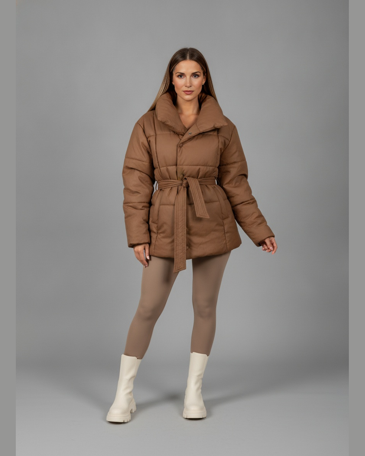 Women's Quilted Belted Funnel Collar Puffer Jacket