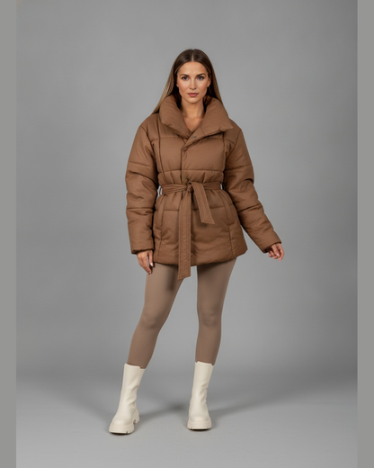 Women's Quilted Belted Funnel Collar Puffer Jacket