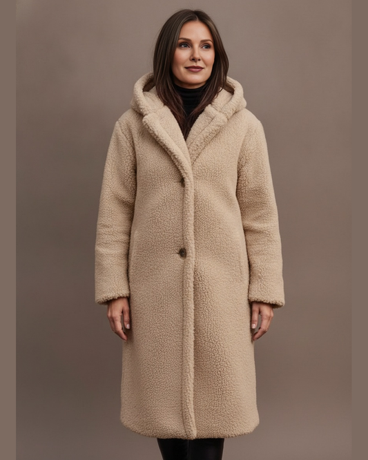 Women's Long Teddy Hooded Button Coat