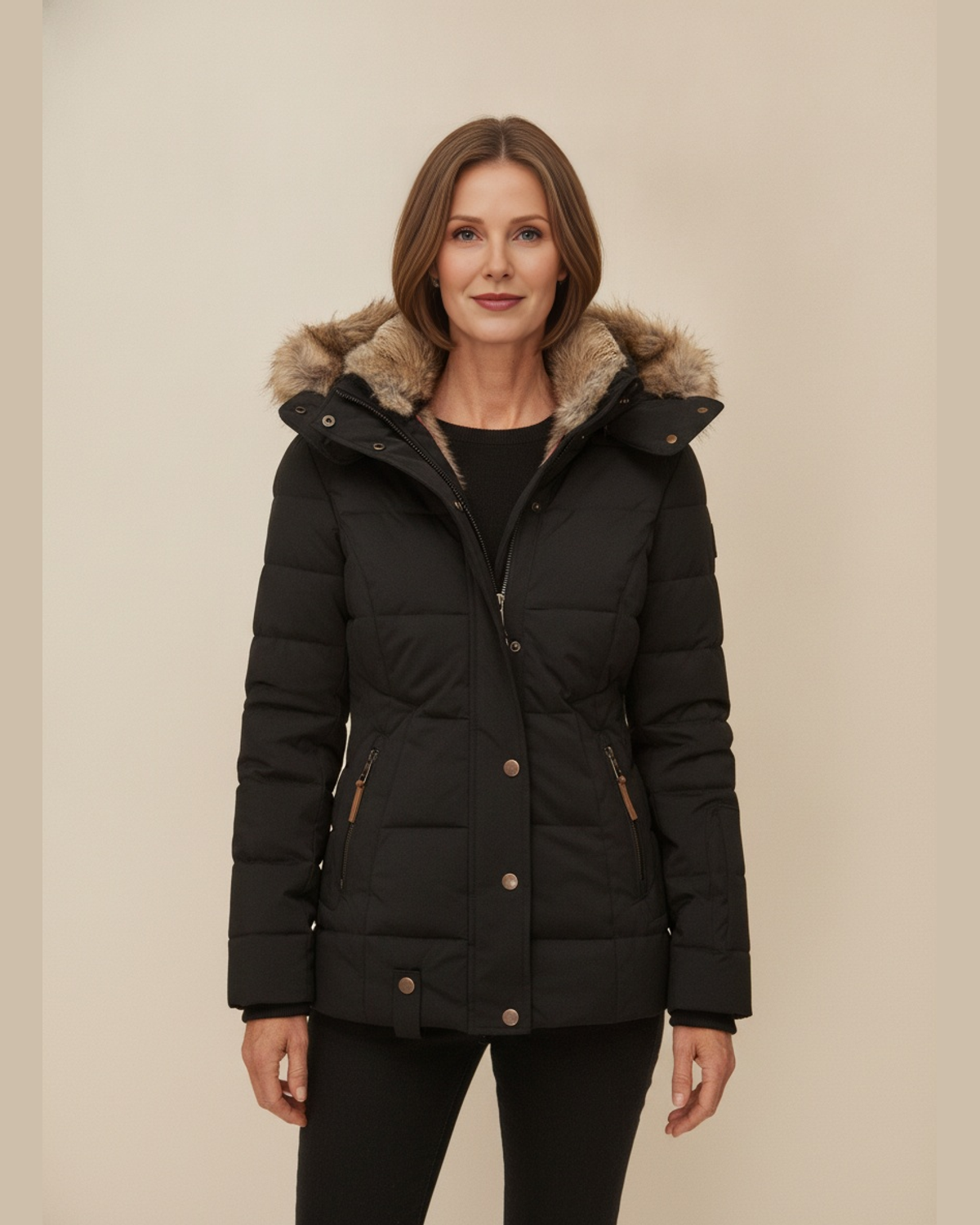 Women's Quilted Faux Fur Lined Hooded Puffer Jacket — Black