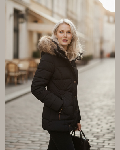 Women's Quilted Faux Fur Lined Hooded Puffer Jacket — Black