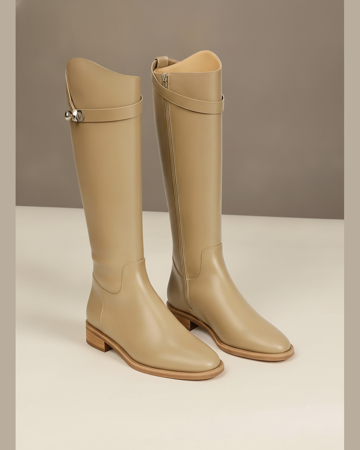 Women's Buckle Knee-High Boots — Beige