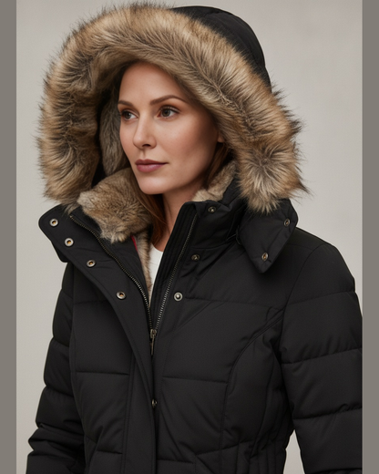 Women's Quilted Faux Fur Lined Hooded Puffer Jacket — Black