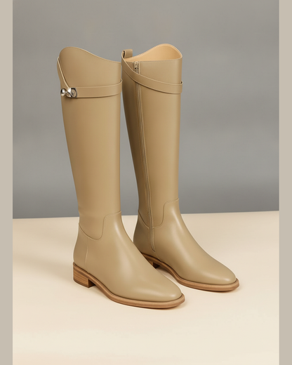 Women's Buckle Knee-High Boots — Beige