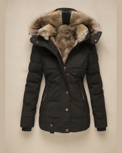 Women's Quilted Faux Fur Lined Hooded Puffer Jacket — Black