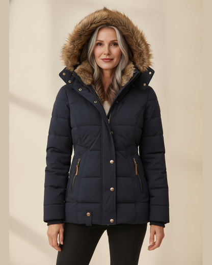 Women's Quilted Faux Fur Lined Hooded Puffer Jacket — Navy