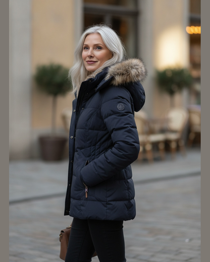 Women's Quilted Faux Fur Lined Hooded Puffer Jacket — Navy