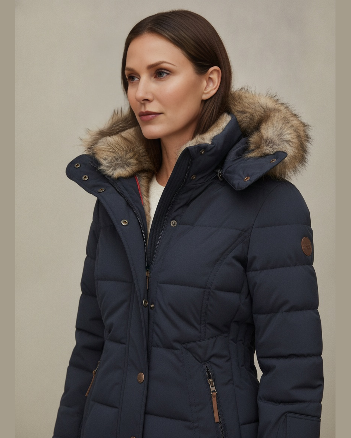 Women's Quilted Faux Fur Lined Hooded Puffer Jacket — Navy