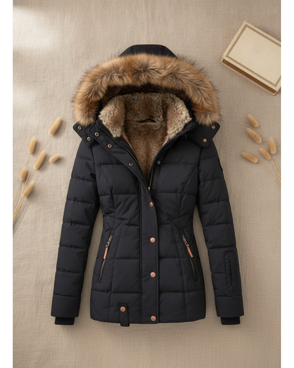 Women's Quilted Faux Fur Lined Hooded Puffer Jacket — Navy