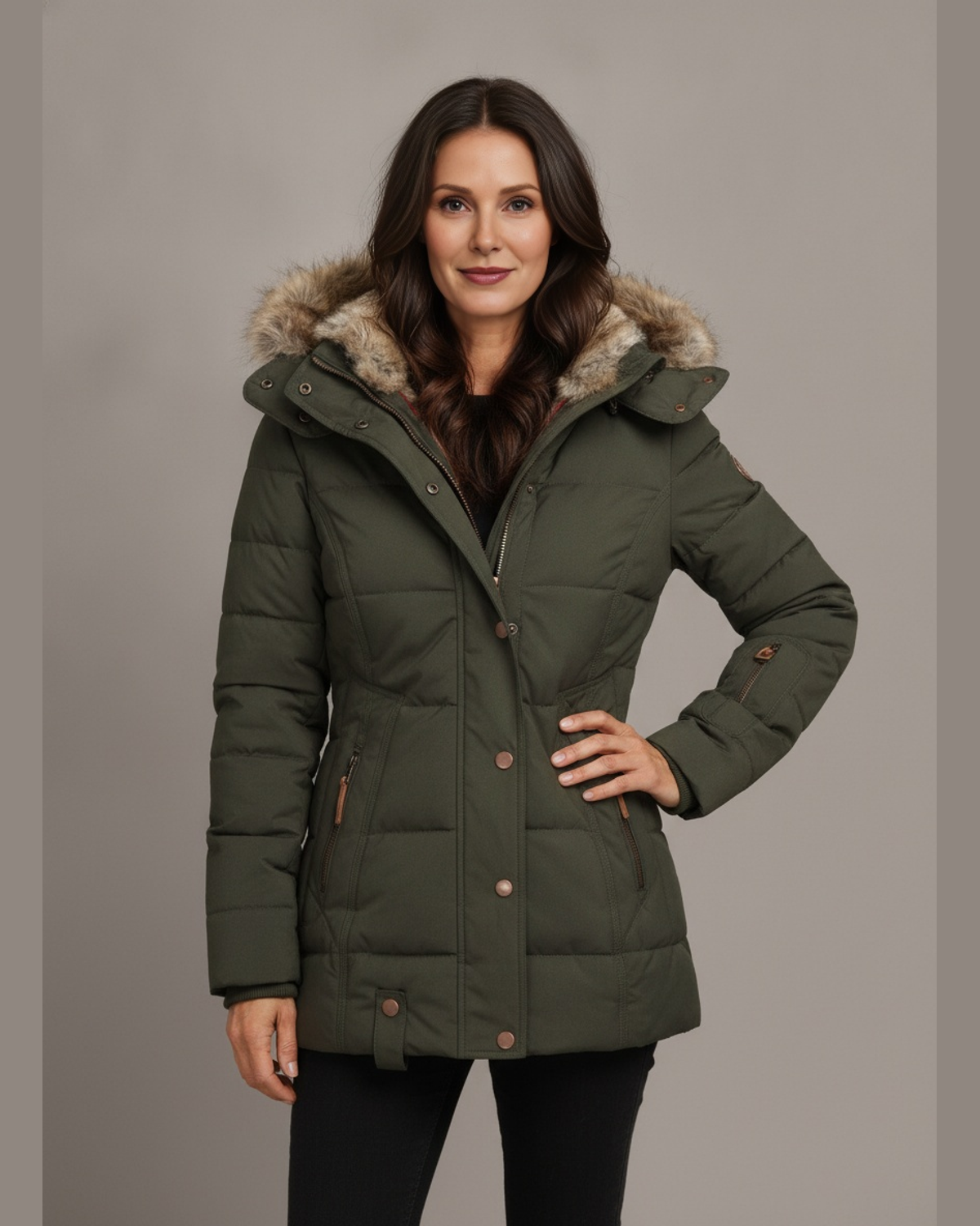 Women's Quilted Faux Fur Lined Hooded Puffer Jacket — Green