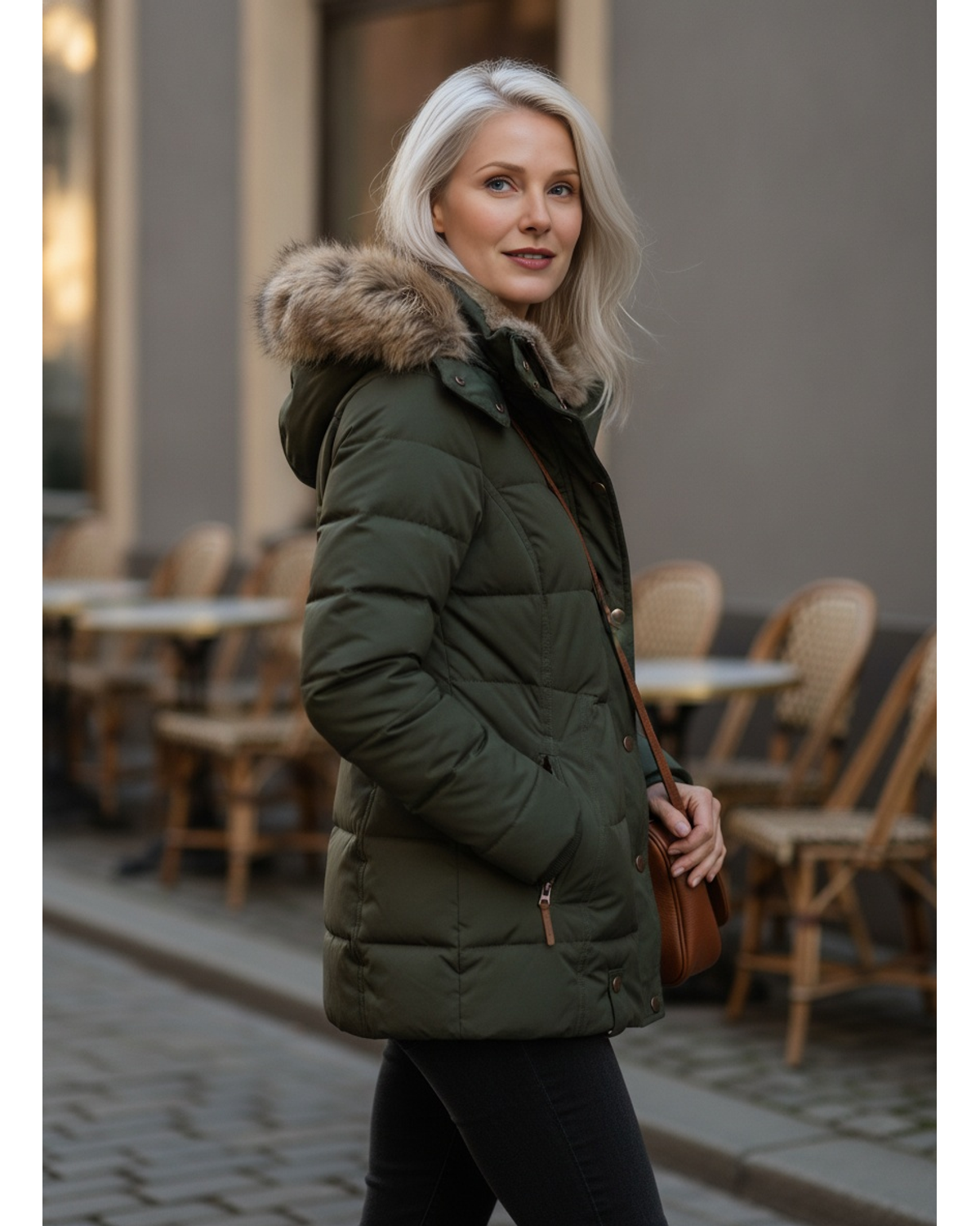 Women's Quilted Faux Fur Lined Hooded Puffer Jacket — Green