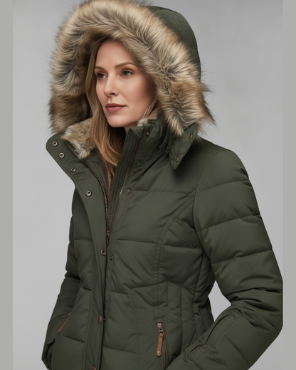 Women's Quilted Faux Fur Lined Hooded Puffer Jacket — Green