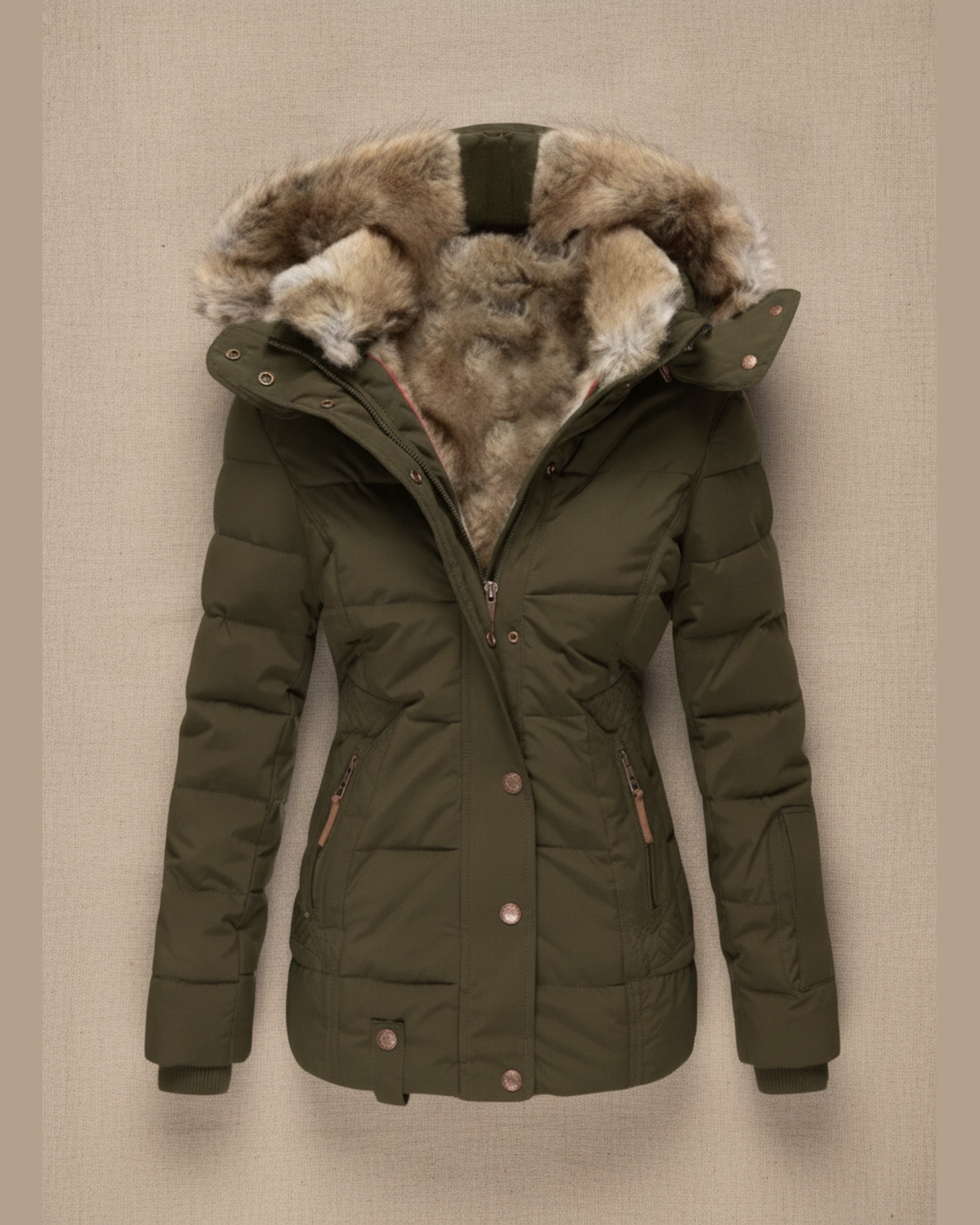 Women's Quilted Faux Fur Lined Hooded Puffer Jacket — Green