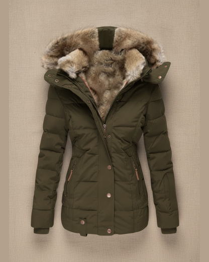 Women's Quilted Faux Fur Lined Hooded Puffer Jacket — Green