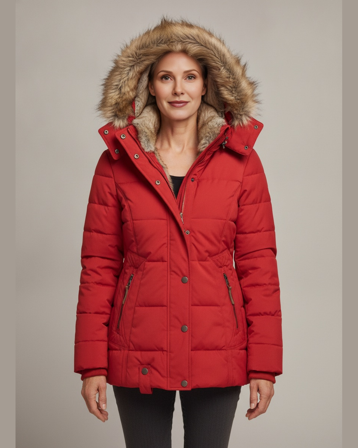 Women's Quilted Faux Fur Lined Hooded Puffer Jacket — Red