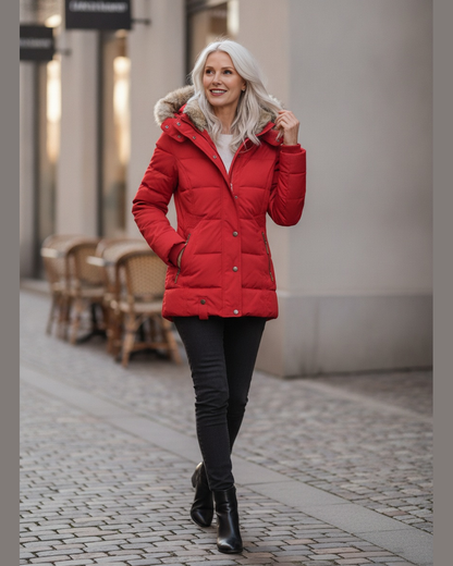 Women's Quilted Faux Fur Lined Hooded Puffer Jacket — Red