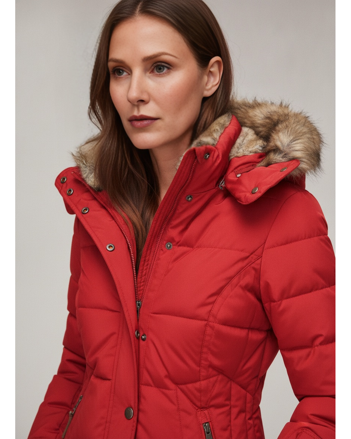 Women's Quilted Faux Fur Lined Hooded Puffer Jacket — Red