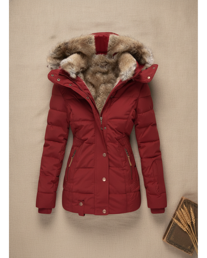 Women's Quilted Faux Fur Lined Hooded Puffer Jacket — Red