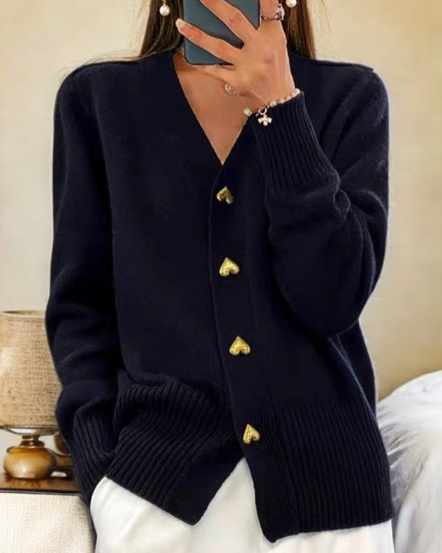 Soft Knit Cardigan with Heart Buttons – Everyday Comfort — Black