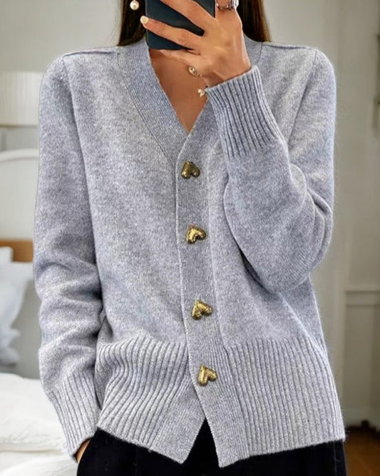 Soft Knit Cardigan with Heart Buttons – Everyday Comfort — Grey