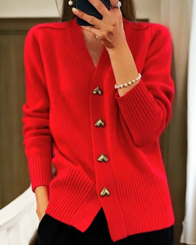 Soft Knit Cardigan with Heart Buttons – Everyday Comfort — Red