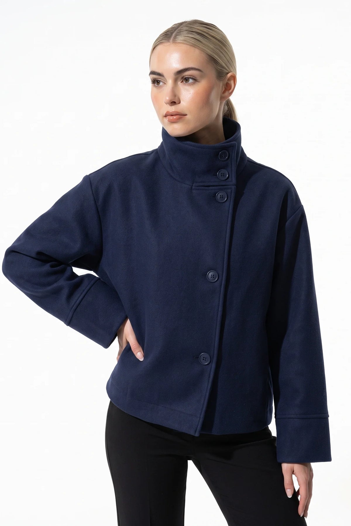 Button-Up High Collar Short Coat — Navy Blue