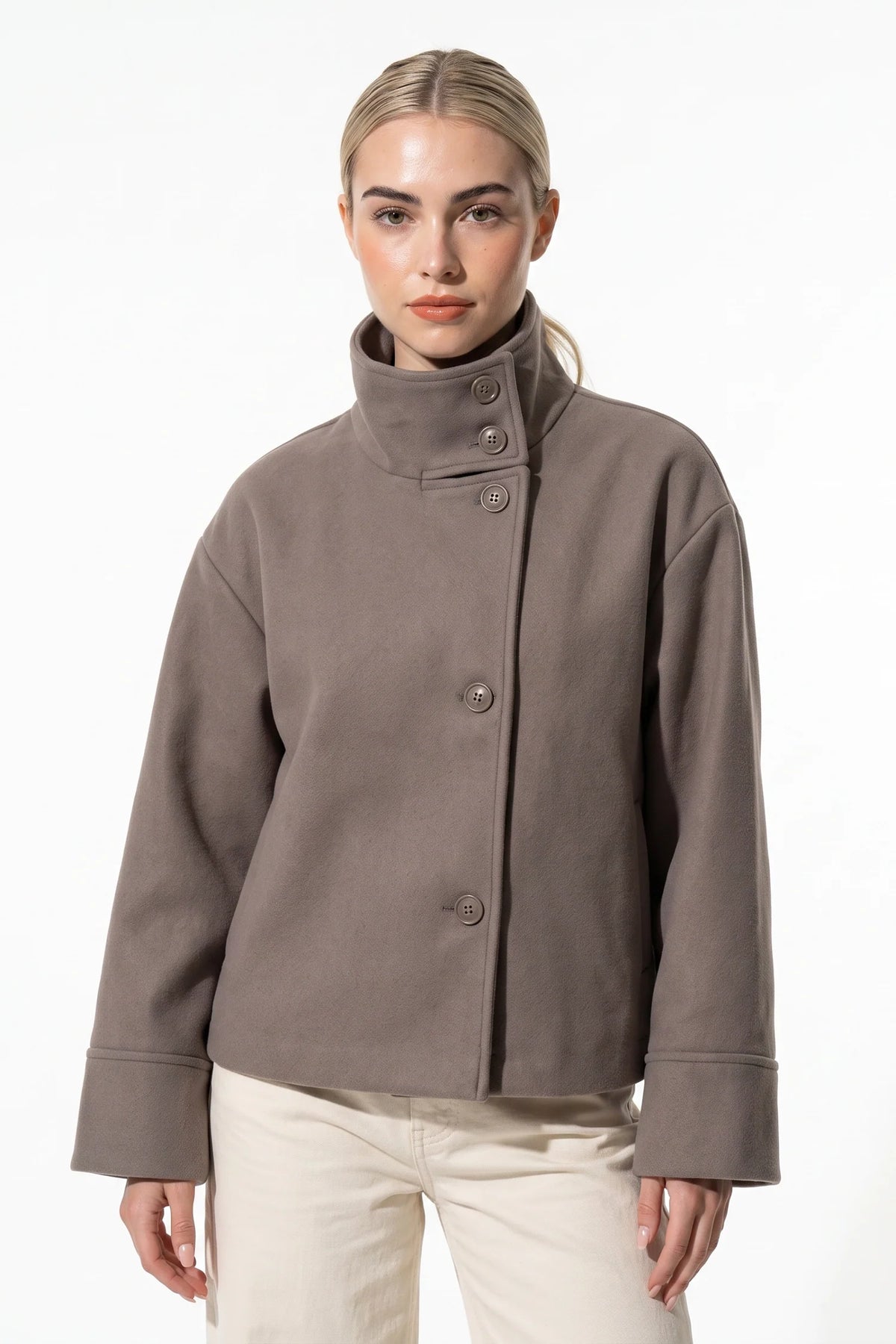 Button-Up High Collar Short Coat — Coffee Brown