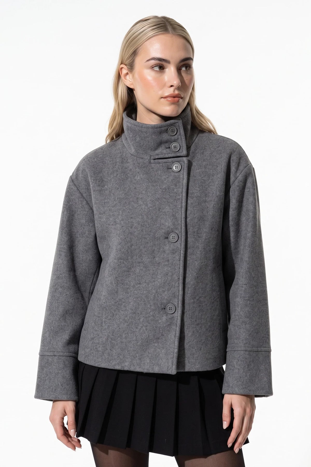Button-Up High Collar Short Coat — Grey
