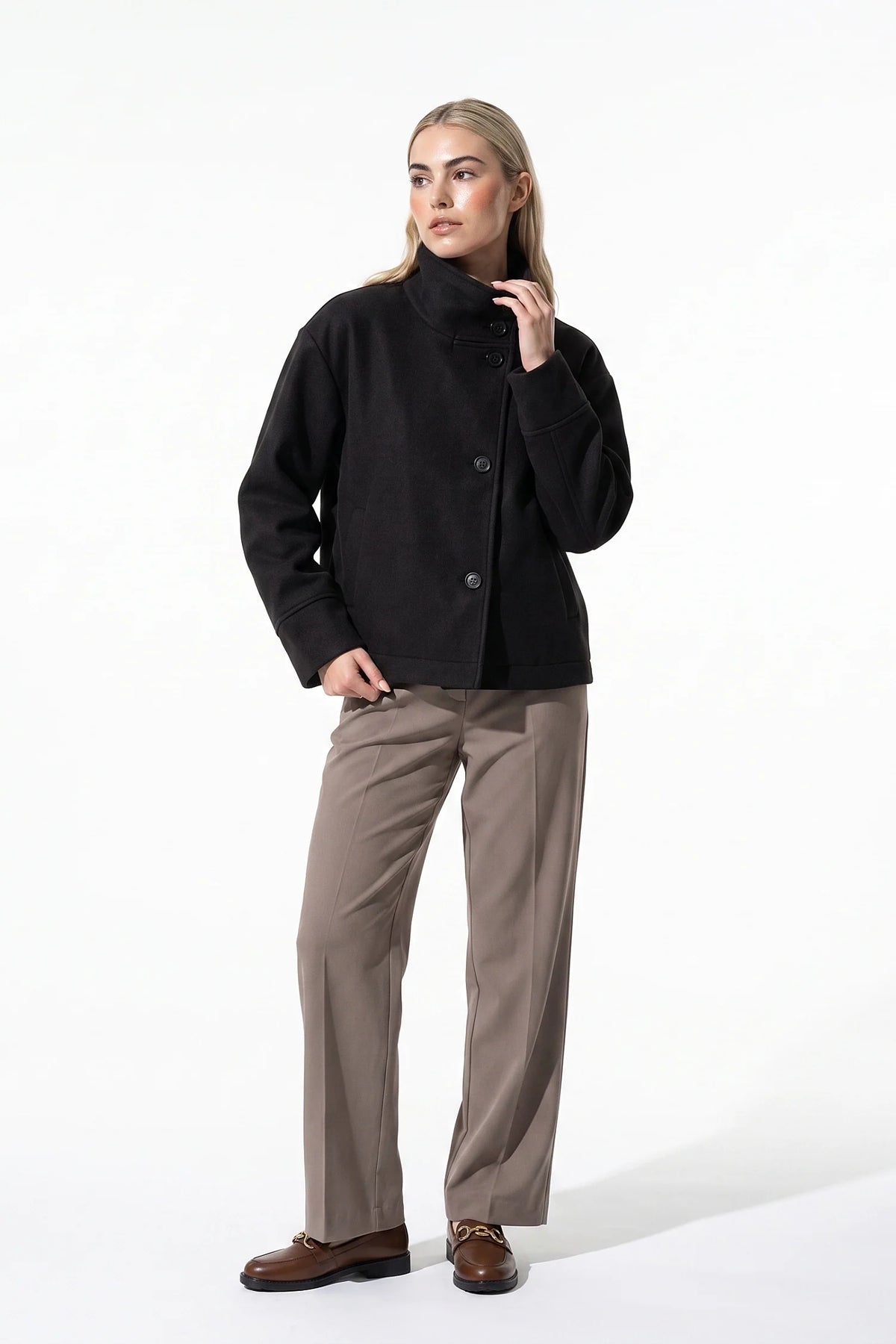 Women's Button-Up High Collar Short Coat